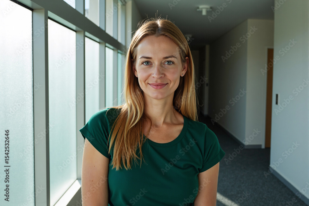 Friendly woman with blonde hair smiling in bright modern office corridor, looking at camera with approachable and confident expression of happy professional employee Friendly woman with blonde hair smiling in bright modern office corridor, looking at camera with approachable and confident expression of happy professional employee