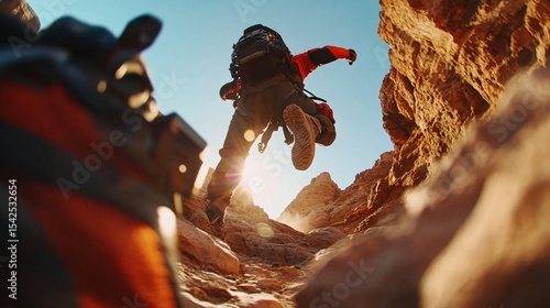 A hiker leaps through a rocky canyon, sunlight streams down