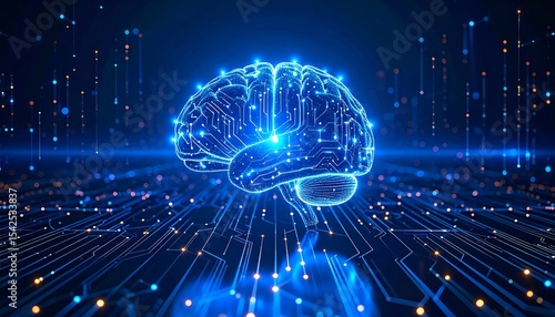 A luminous brain illustration with glowing circuits on a complex data network and digital design.