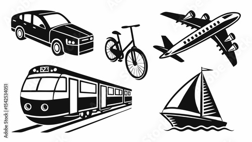 Transportation Icons Car, Bicycle, Airplane, Train, Sailboat Graphics