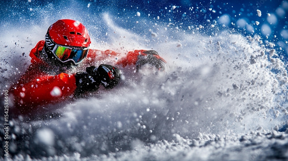 Fototapeta premium A skier in vibrant red gear, powerfully carving through deep powder snow. Dynamic action shot in intense sunlight