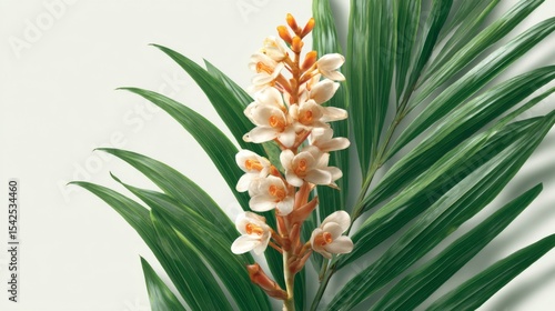 White Ginger Flower and Lush Green Palm Leaf