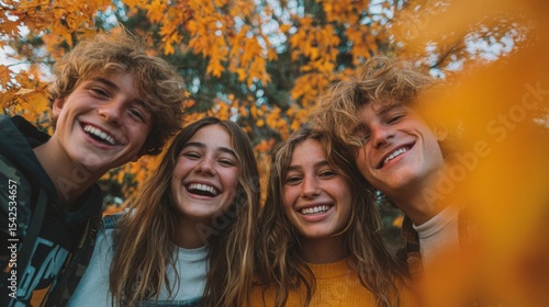 Happy Friends Smiling Together Amidst Autumn Leaves