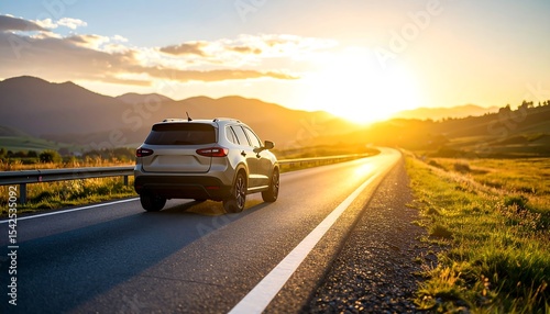 A large SUV travels down a scenic highway during a vibrant sunrise, bathed in golden sunlight.