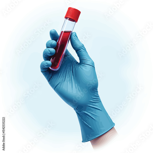 Blood test tube held by gloved hand for medical research and health analysis in laboratory setting