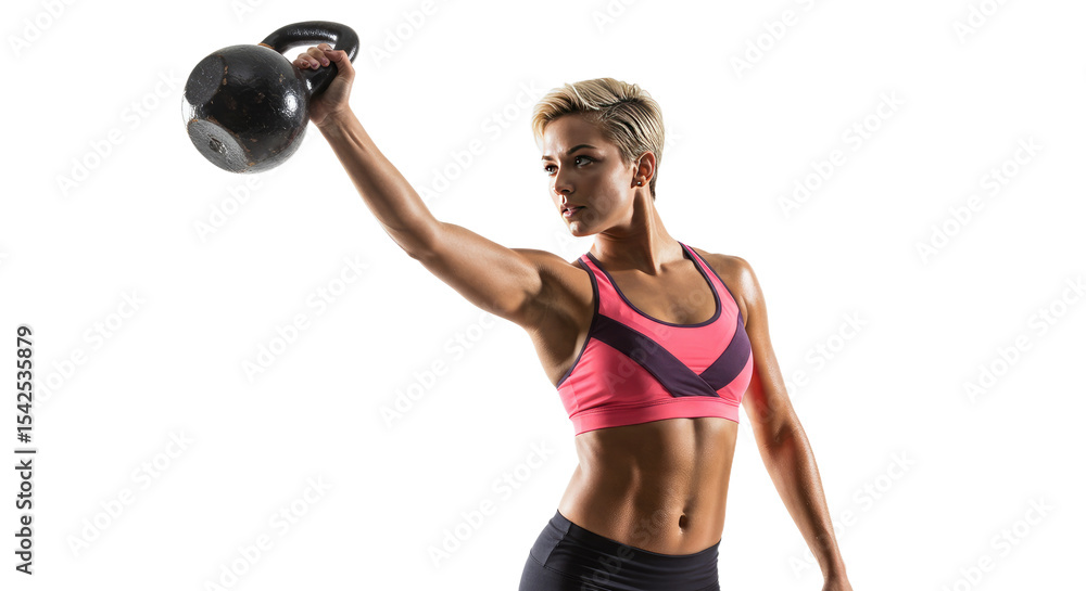 Muscular Woman Lifting Black Kettlebell Fitness Workout Isolated. Muscular Woman Lifting Black Kettlebell Fitness Workout Isolated.