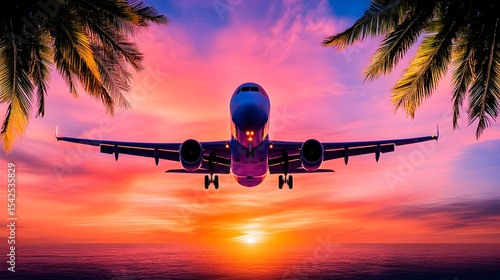 Airplane landing tropical sunset ocean palms travel