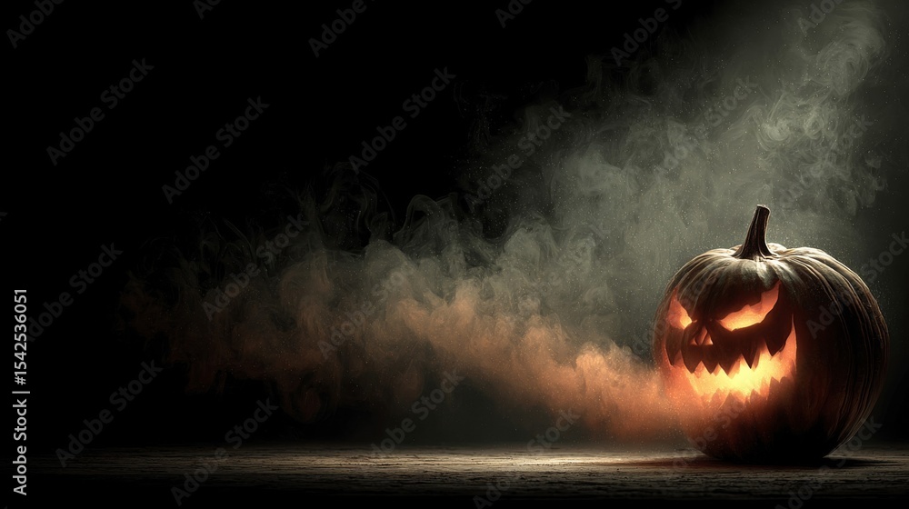 Fototapeta premium Glowing Jack-o'-Lantern in Smoky Dark Setting