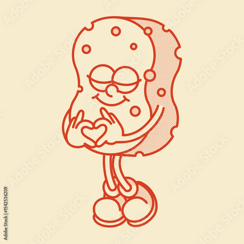 Cute retro sponge mascot with face and legs. Cartoon vector illustration for cleaning, bath, kitchen themes
