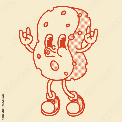 Cute retro sponge mascot with face and legs. Cartoon vector illustration for cleaning, bath, kitchen themes