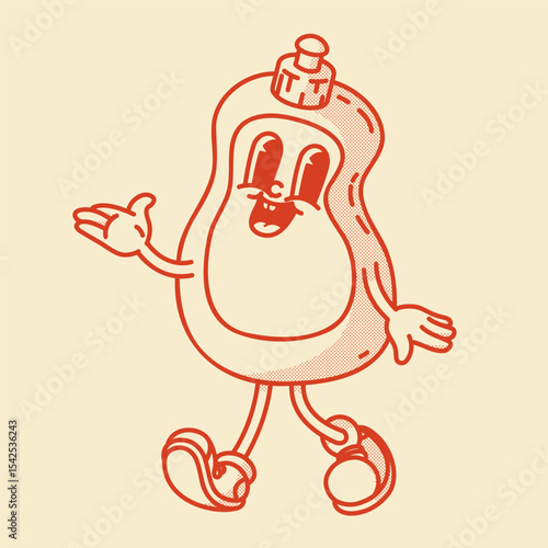 Smiling retro mascot bottle. Perfect for dish soap, shampoo or cleaner ads. Vintage character pointing with hand
