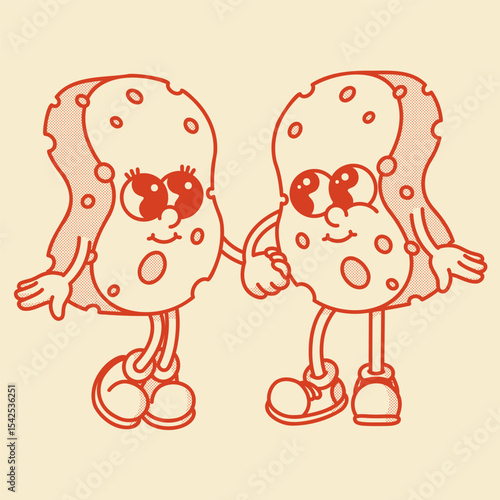 Cute retro sponge mascot with face and legs. Cartoon vector illustration for cleaning, bath, kitchen themes