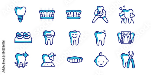 Comprehensive dental icon set - implants, braces, X-rays and pediatric dentistry. Modern flat vector designs for clinics, medical apps and dental healthcare presentations