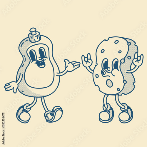 Pump bottle with sponge set. Shower gel or dish soap. Refillable eco-friendly design, bathroom and kitchen organizer retro mascot