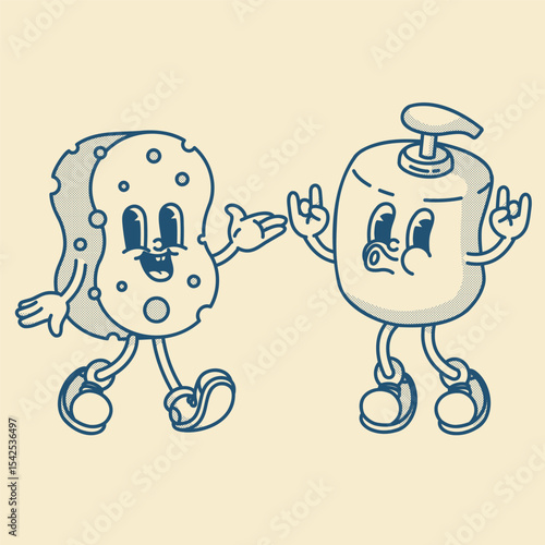 Pump bottle with sponge set. Shower gel or dish soap. Refillable eco-friendly design, bathroom and kitchen organizer