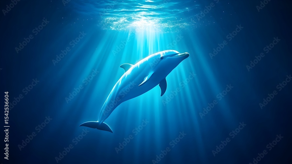 Fototapeta premium Dolphin swimming ocean sun rays deep sea marine life