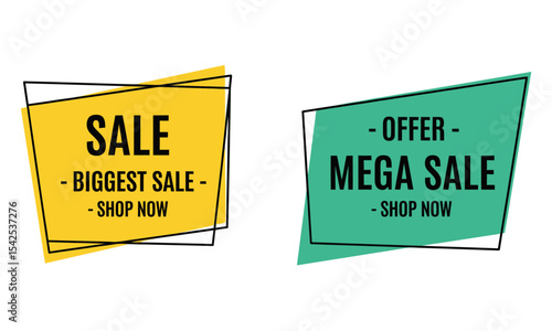 Modern Geometric Sale and Offer Banners: Super Sale & Limited Time. Stylish yellow "Super Sale 50%" and teal "Limited Time Offer" geometric banners for promotions.
