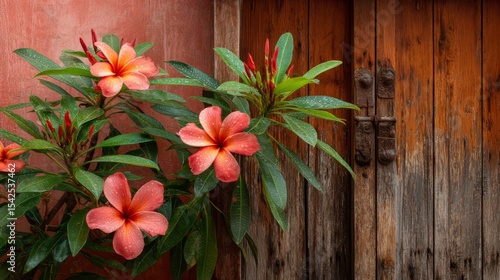Orange Flowers Against Rustic Wooden Door