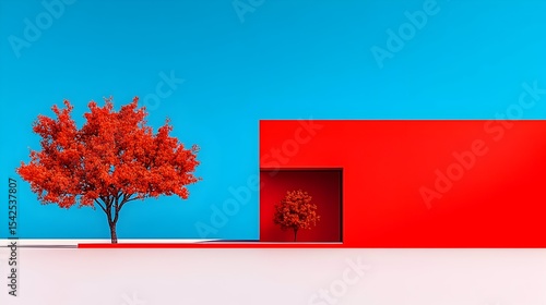Red tree, minimal architecture, blue background, autumn scene, design