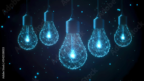 five hanging light bulbs, each designed in a digital wireframe style composed of glowing blue lines and nodes against a deep black background