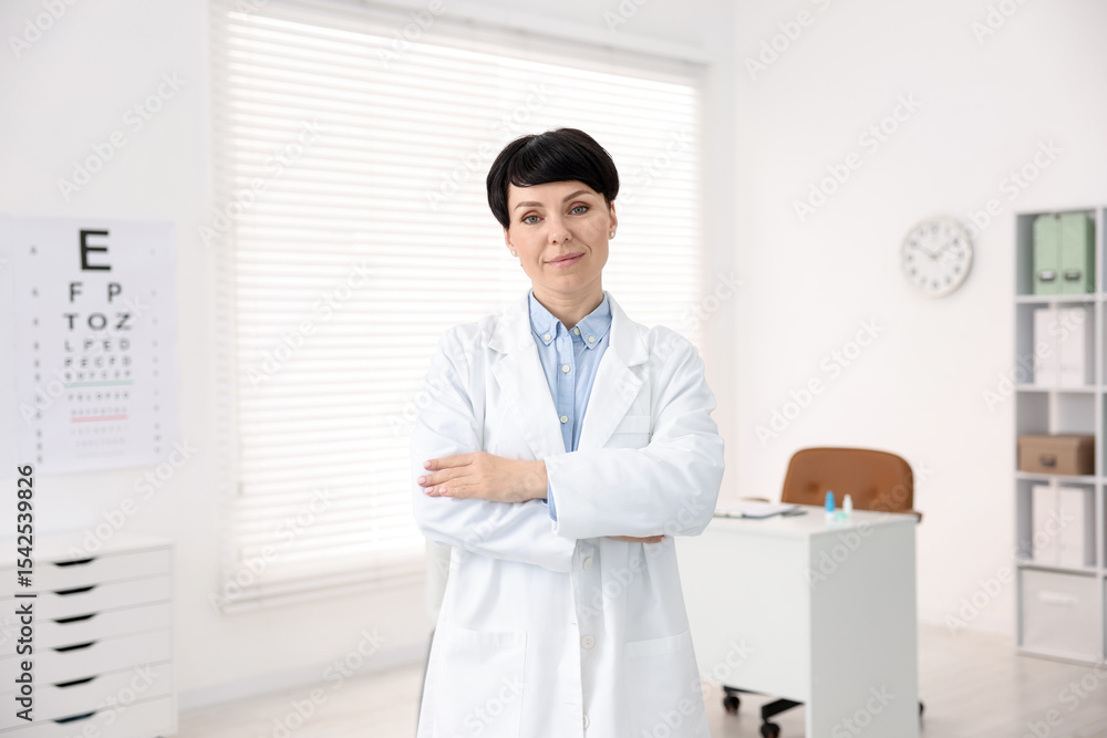 Portrait of professional ophthalmologist with crossed arms in clinic Portrait of professional ophthalmologist with crossed arms in clinic