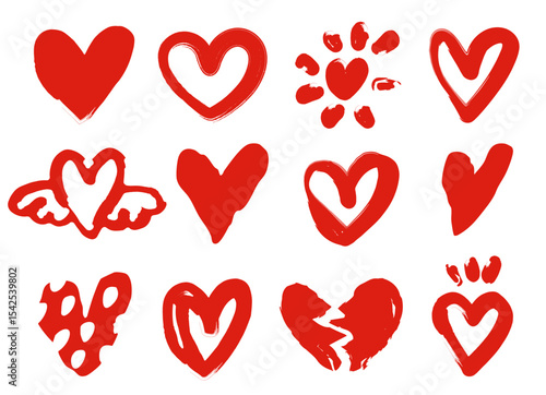 手描きのハート。落書き風、グランジハート。バレンタインデーや愛のシンボル。ベクター素材。