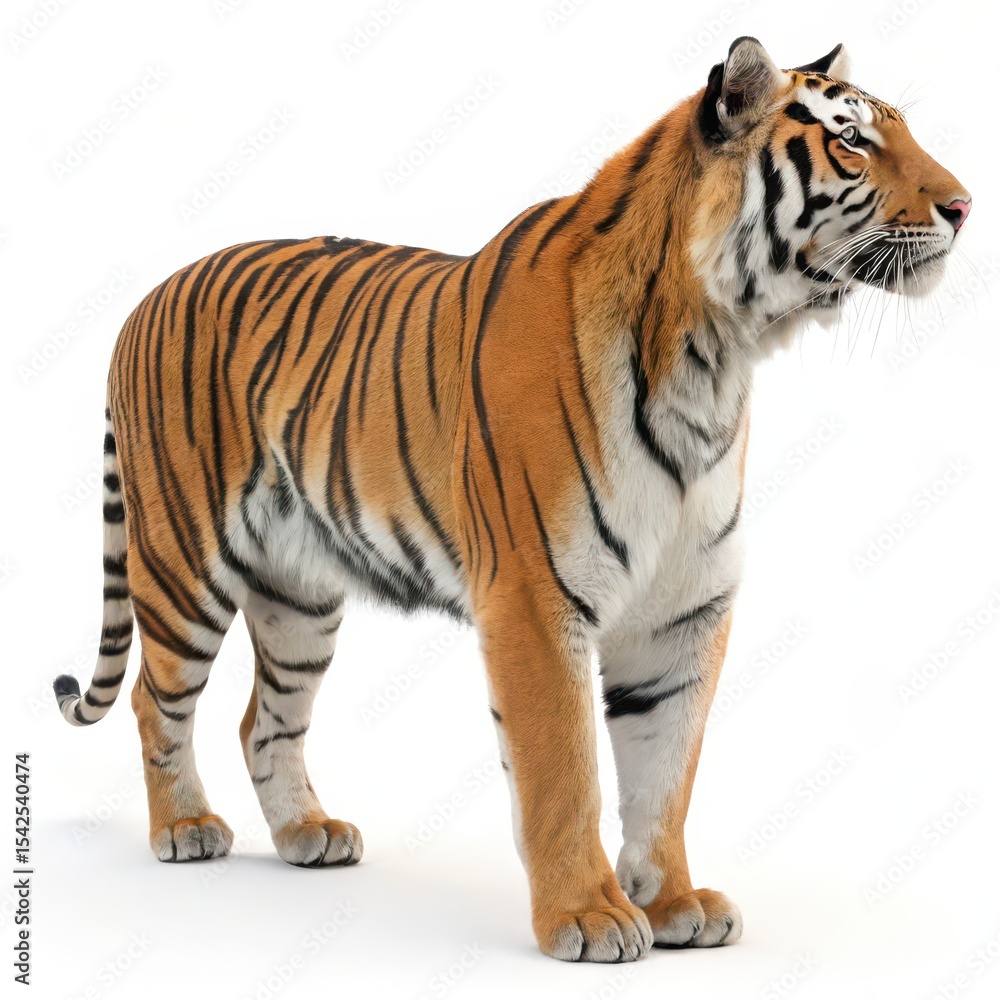 Obraz premium Powerful Bengal tiger with vivid orange coat and black stripes, standing alert and isolated on a clean white background.