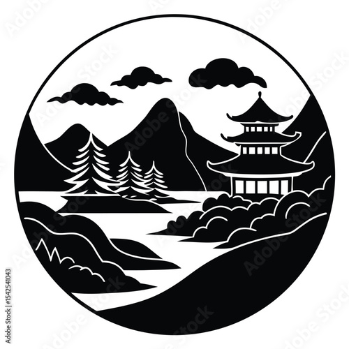Illustration of a pagoda in a landscape with mountains trees and clouds inside a circle frame design