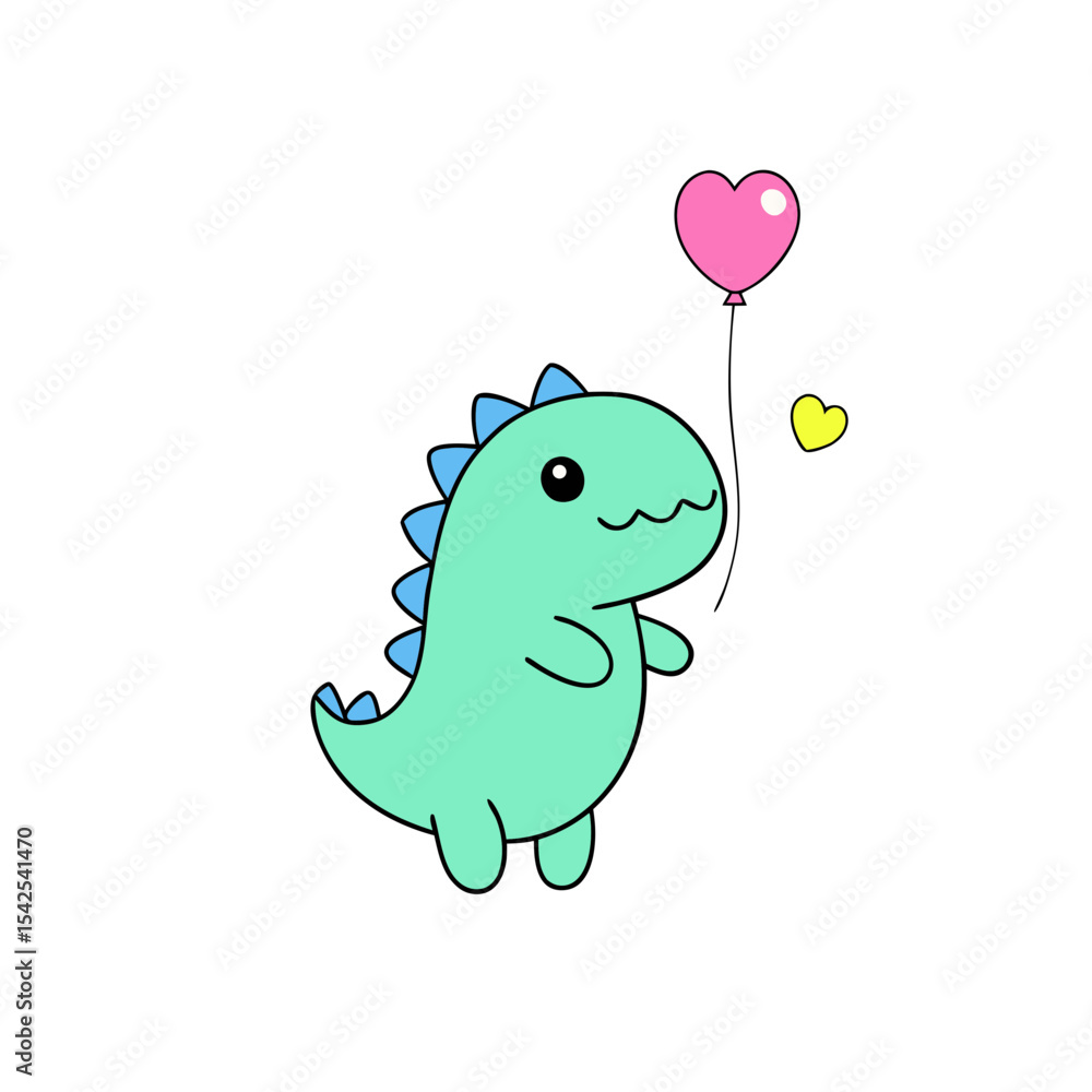Naklejka premium Cute Kawaii Dinosaur with Smiling Face and Balloon
