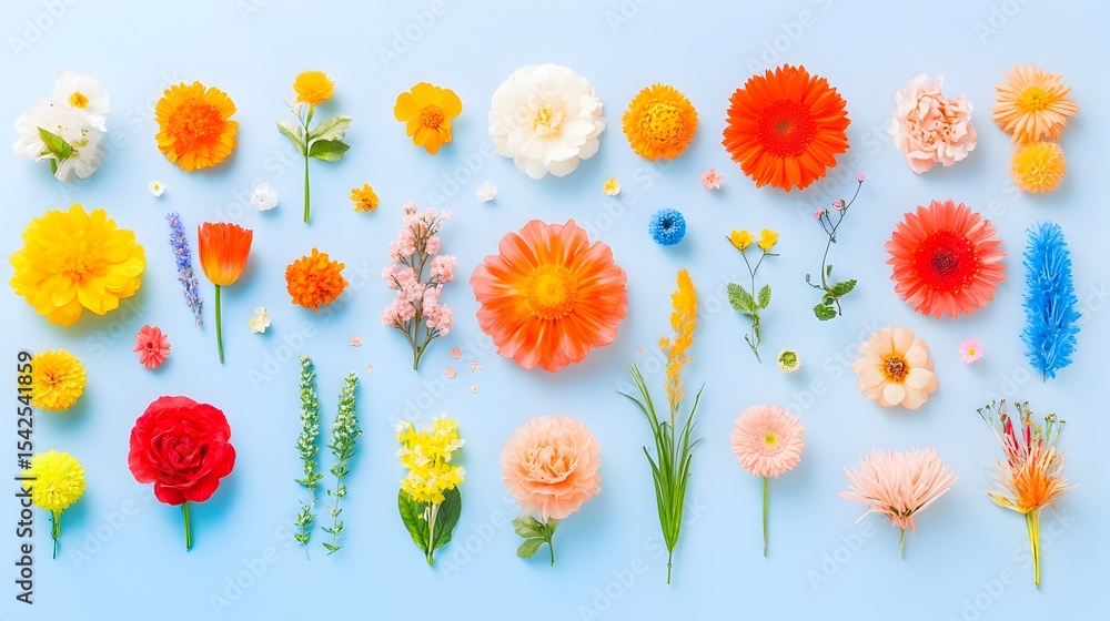 Obraz premium Colorful flower flatlay, pastel blue background, spring, floral arrangement, design