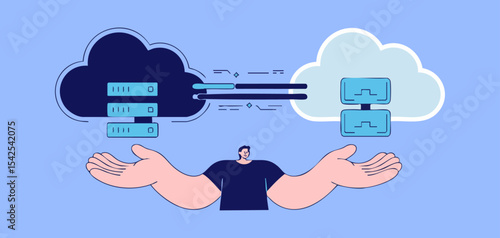 it architect managing data transfer between private and public cloud servers, vector illustration for hybrid cloud environment, data integration, and multi-cloud infrastructure strategy
