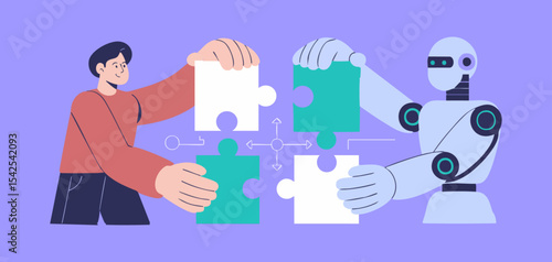 human engineer and ai robot collaborating on puzzle, vector illustration for human-ai collaboration, technology augmentation, symbiotic teamwork and future problem solving