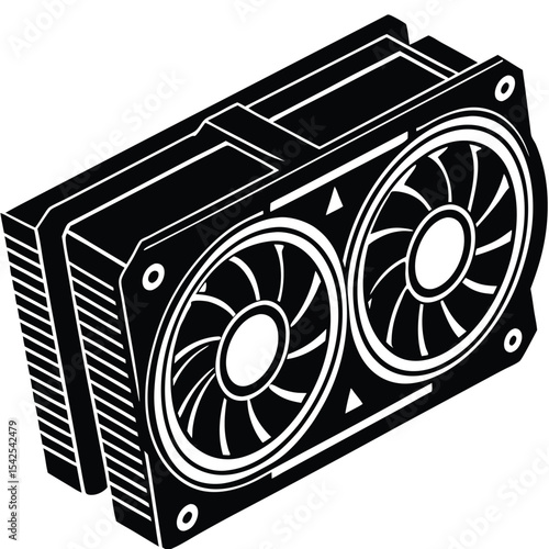 Isometric view of a graphics card with dual fans and heat sink in black and white illustration