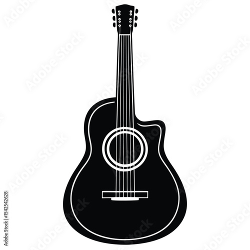 Illustration of a black acoustic guitar with a cutaway and six strings against a white background space