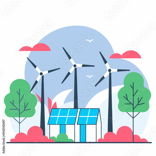 Wind Turbine Farm – Clean Energy Landscape. Flat vector illustration of wind energy farm with turbines generating power in an open green field and clean blue sky.