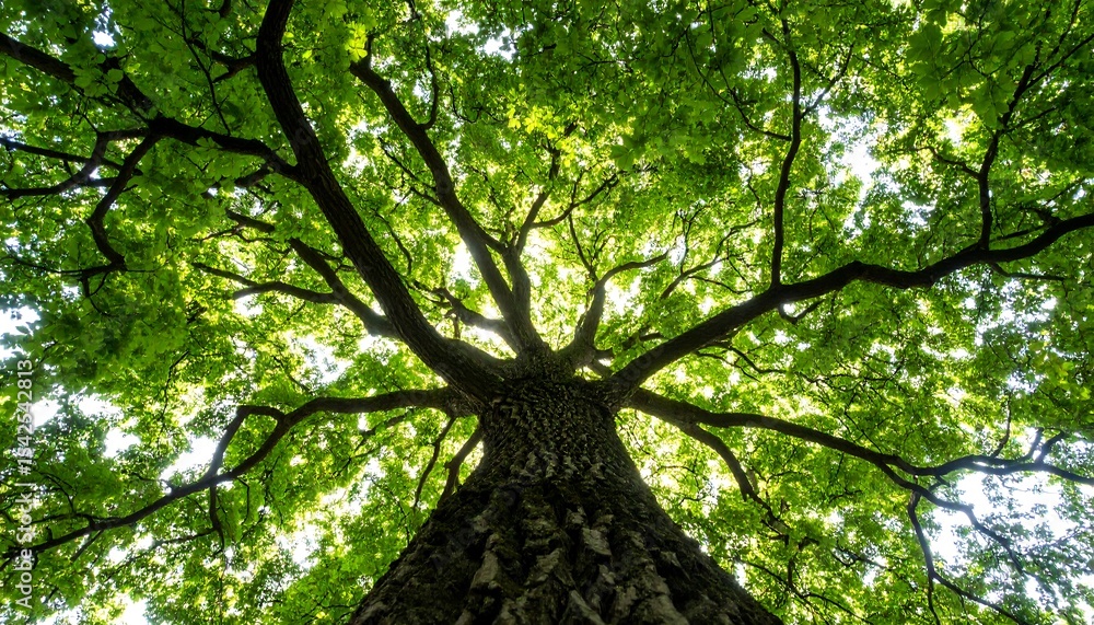 Naklejka premium A view looking up at a large tree with bright green leaves creating a canopy against the sky