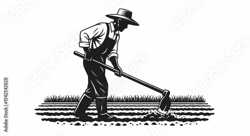 A farmer using a hoe to till the soil into neat rows