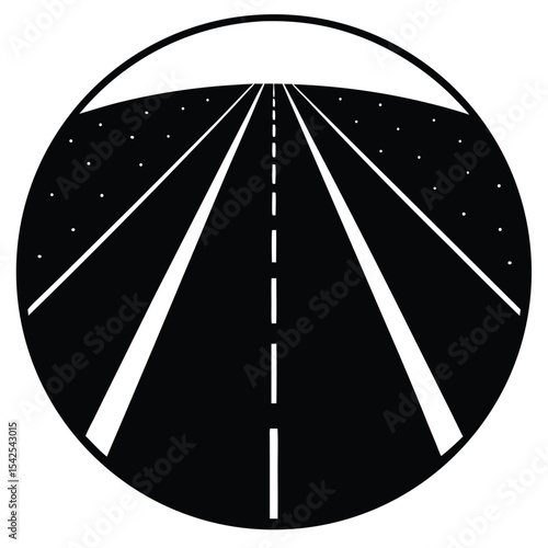 A black and white graphic illustration of a road receding into the distance within a circular frame design