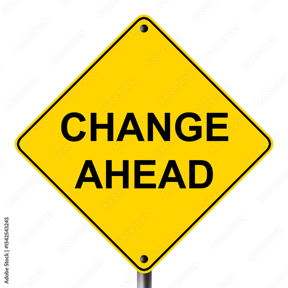 Change ahead caution hazard symbol on yellow road sign Change ahead caution hazard symbol on yellow road sign
