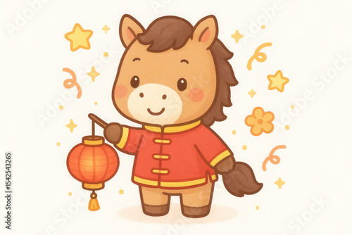 A cute cartoon horse holding a red lantern, wearing a traditional outfit. The background features stars and floral elements, symbolizing celebration.