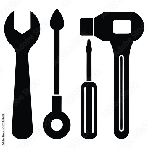 Illustration of a wrench, awl, screwdriver, and mallet arranged vertically in black silhouette style