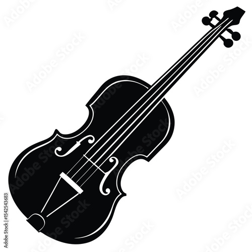 Illustration of a classical violin with strings and tuning pegs in black and white design style