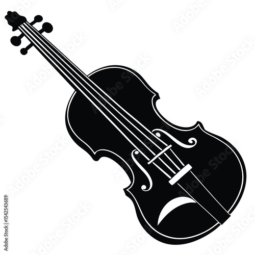 Illustration of a black violin with strings and tuning pegs on a white background image design art