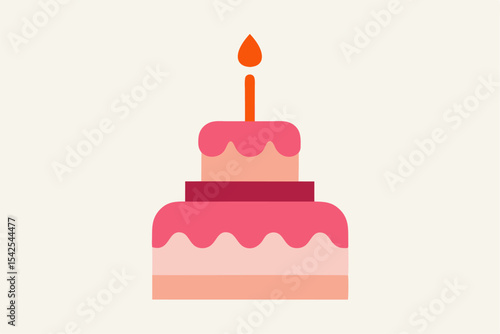 Two Tiered Pink Birthday Cake Single Candle Flat Design