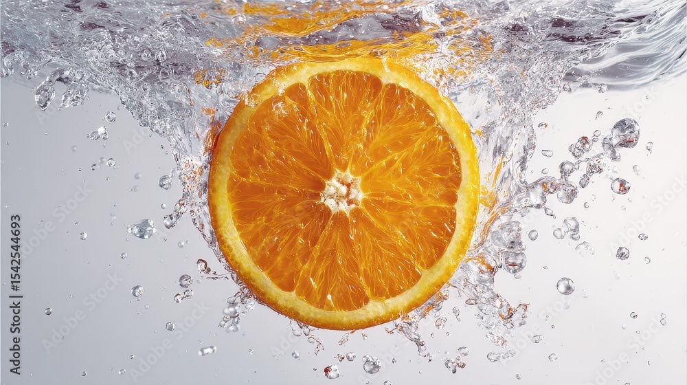 Sliced orange fruit suspended in the air, surrounded by vibrant water splashes, on a plain white background with ample copy space. Sliced orange fruit suspended in the air, surrounded by vibrant water splashes, on a plain white background with ample copy space.