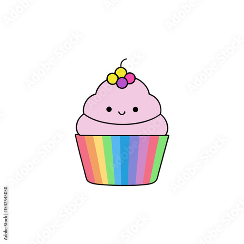 Kawaii Cupcake with Rosy Cheeks and Rainbow