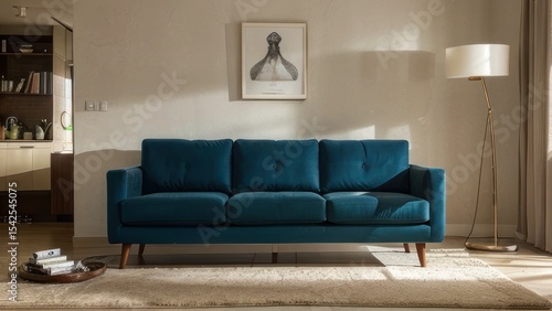 Teal blue sofa in a modern living room.