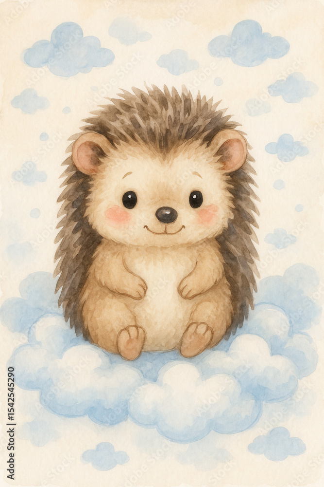 Fototapeta premium Cute baby hedgehog sitting on clouds in soft watercolor illustration with blue sky background 