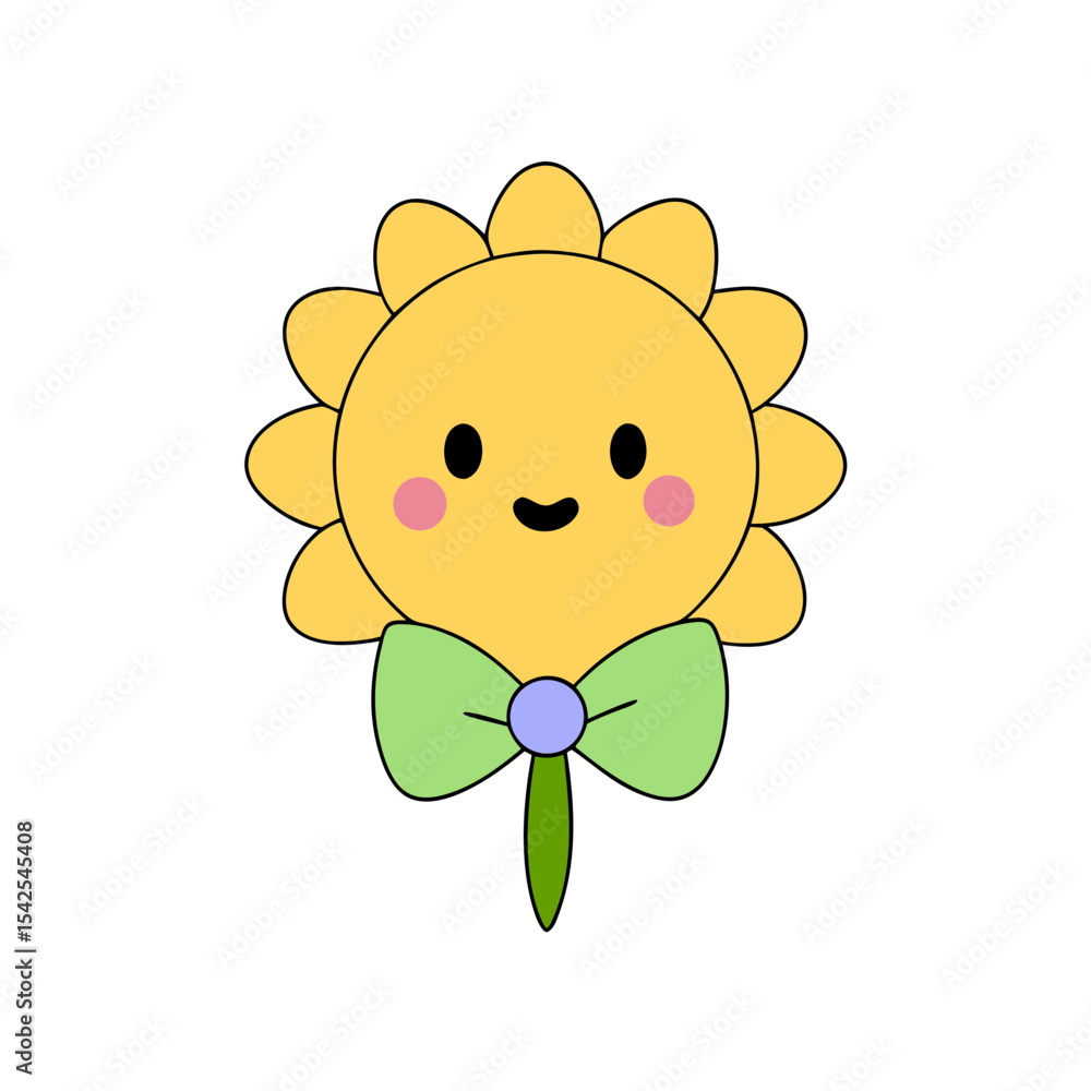 Obraz premium Cute Kawaii Sunflower with Rosy Cheeks and Bowtie