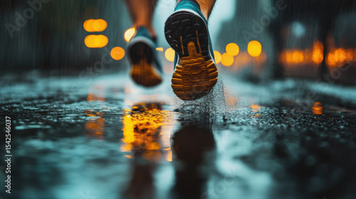 A gritty, close-up shot captures running shoes pounding wet pavement in the rain at night, with water splashing and city lights creating a beautiful bokeh effect